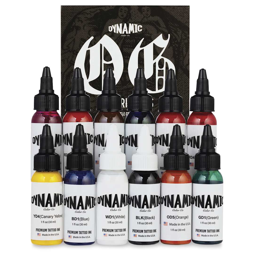 Open in modal - Dynamic Color Tattoo Ink - Set of 12, OG Set, 1 oz bottles, contents and packaging