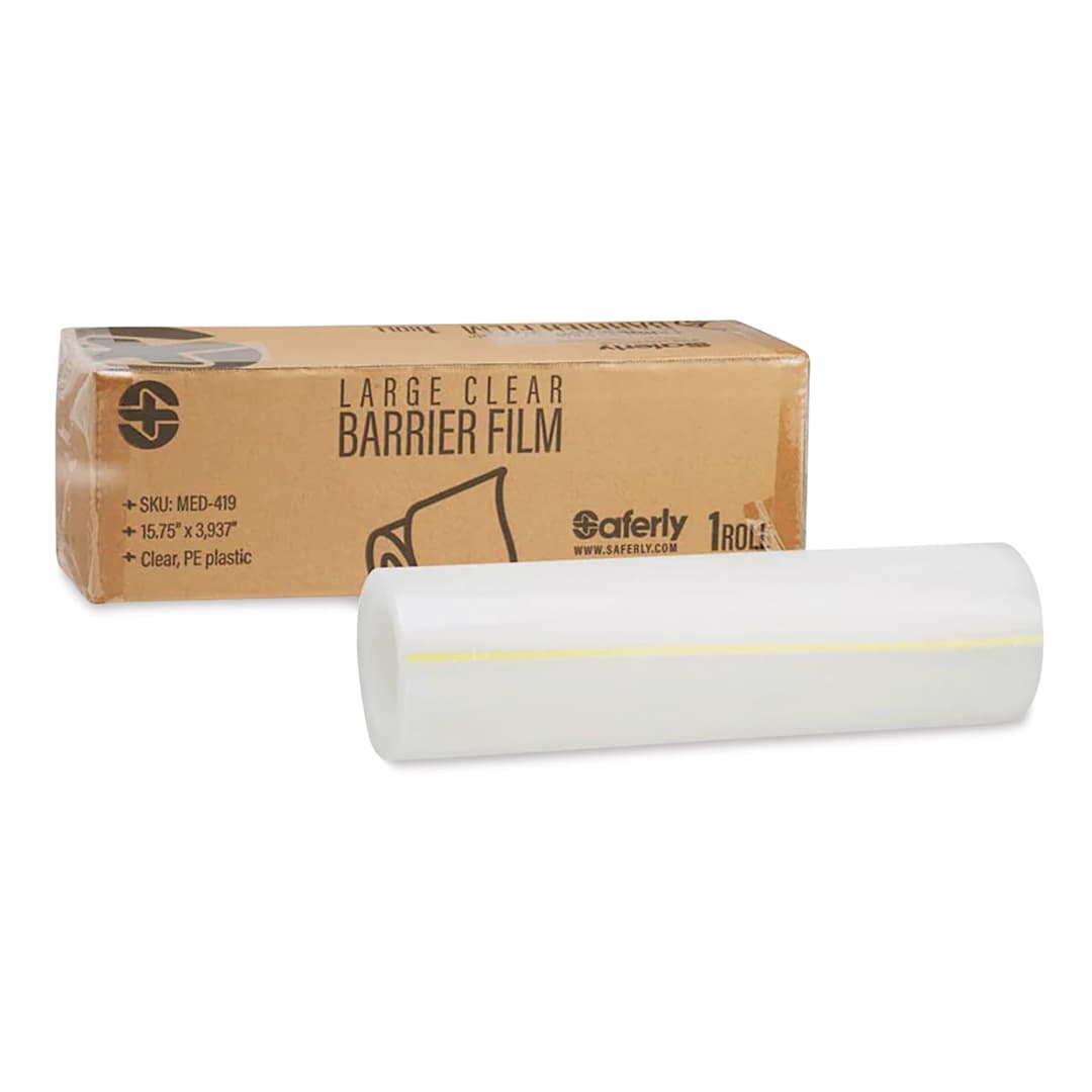Open in modal - Saferly Medical Barrier Film - Clear, 15-3/4" x 100 m, Roll, roll next to packaging