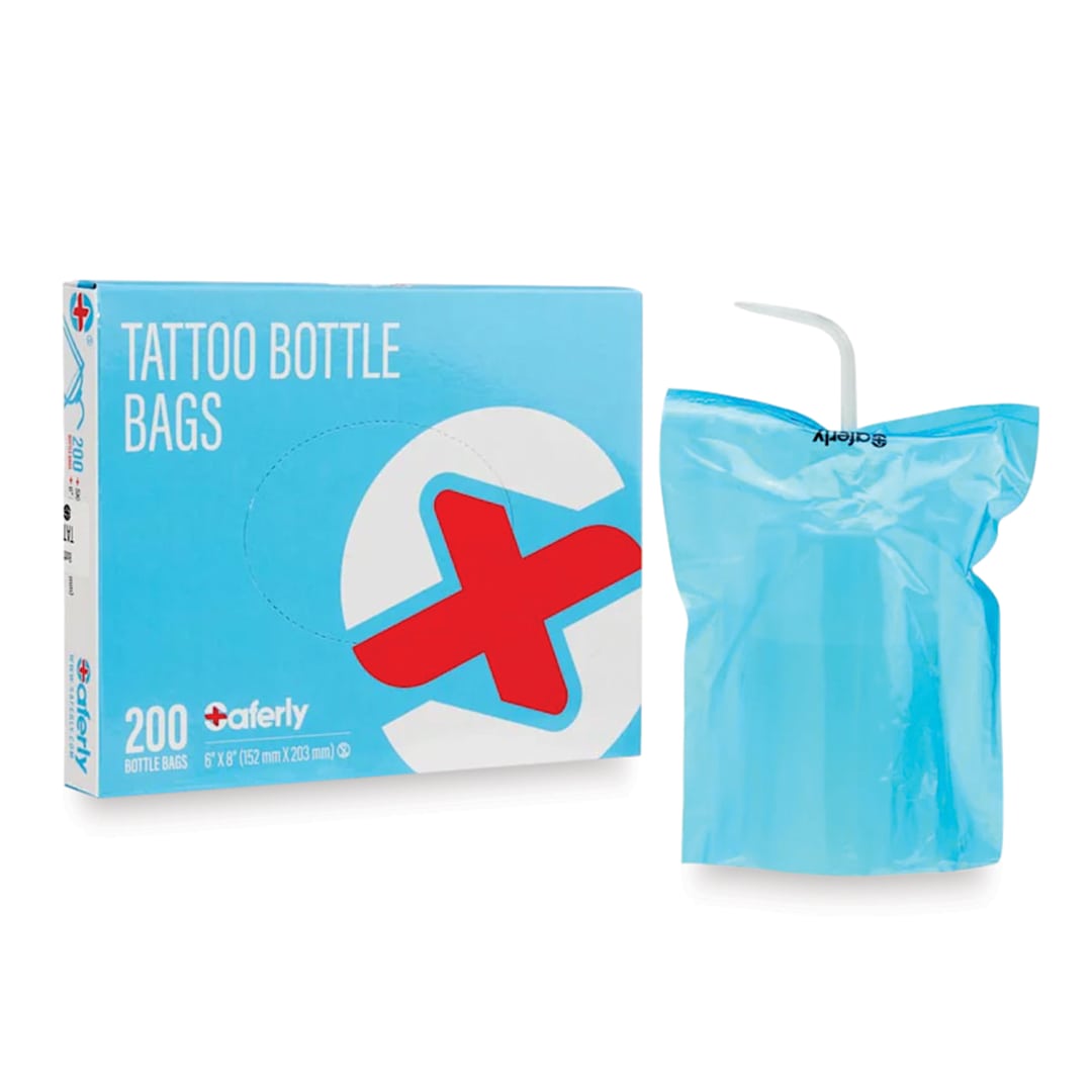 Open in modal - Saferly Tattoo Bottle Bags - 6" x 8", Pkg of 200, bag on bottle outside of packaging