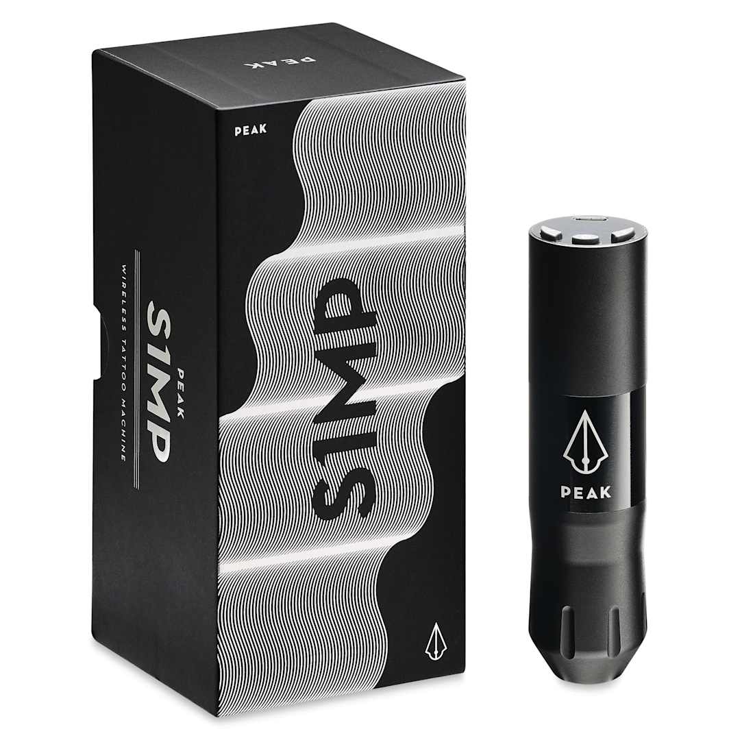 Open in modal - Peak S1-MP Wireless Tattoo Machine - Black, assembled machine next to packaging