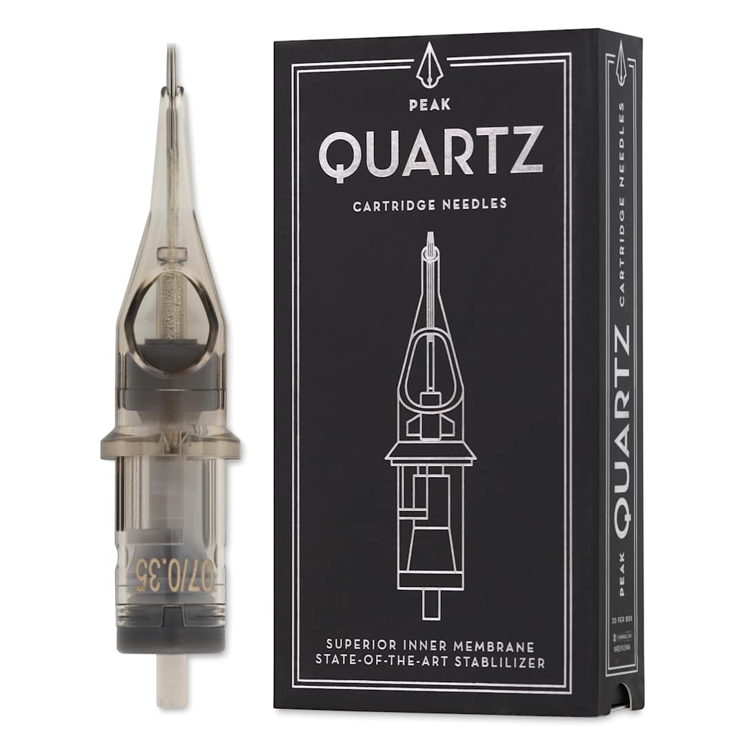 Open in modal - Peak Quartz Round Shader Short Taper Tattoo Needle Cartridges - #12, 7 Needles, Pkg of 20, needle and packaging