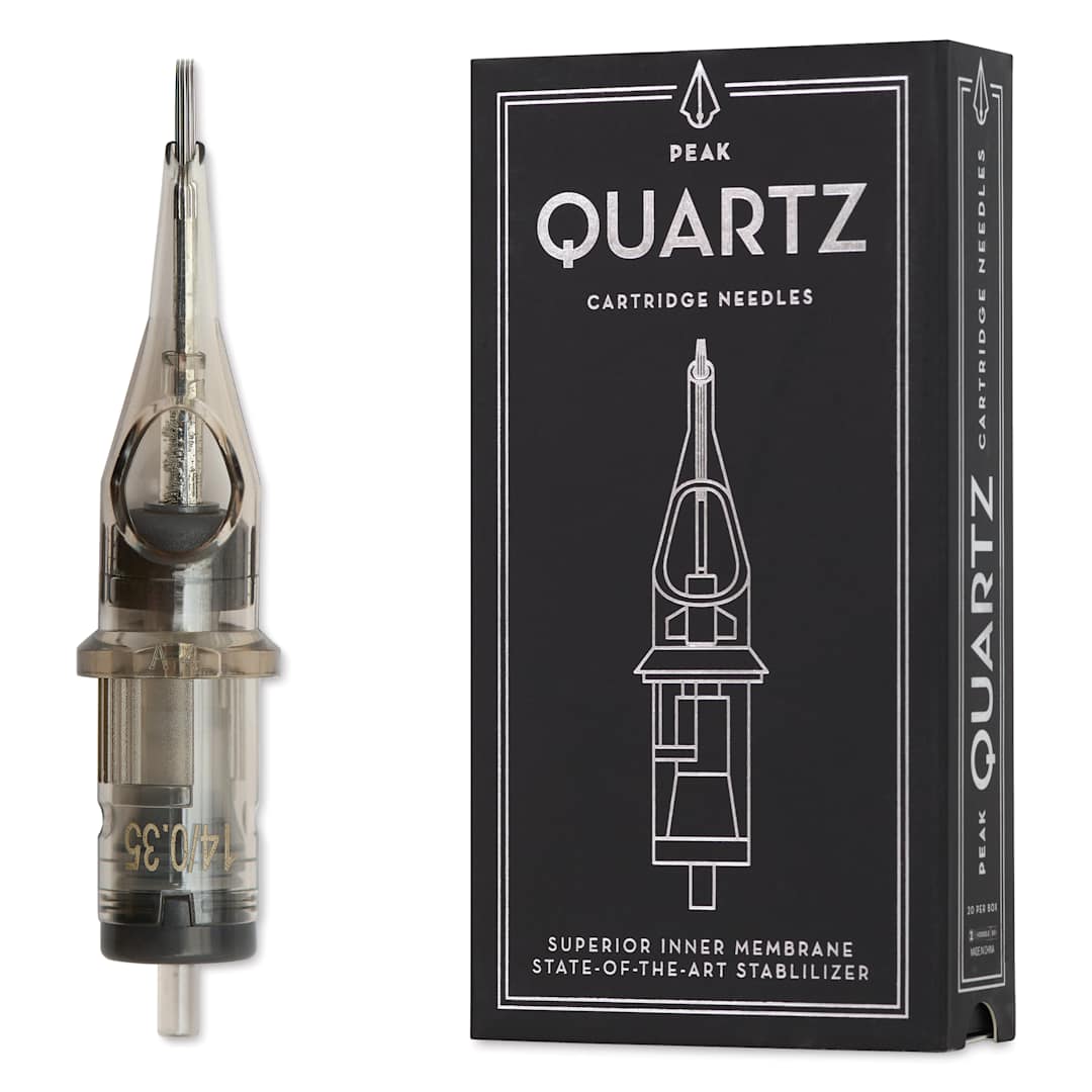 Open in modal - Peak Quartz Round Shader Short Taper Tattoo Needle Cartridges - #12, 14 Needles, Pkg of 20, needle and packaging