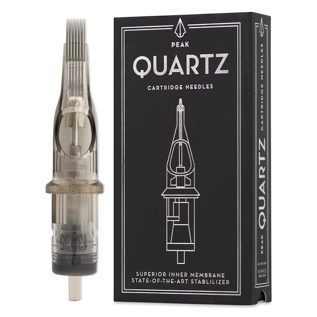 Open in modal - Peak Quartz Magnum Medium Taper Tattoo Needle Cartridges - #12, 13 Needles, Pkg of 20, needle and packaging