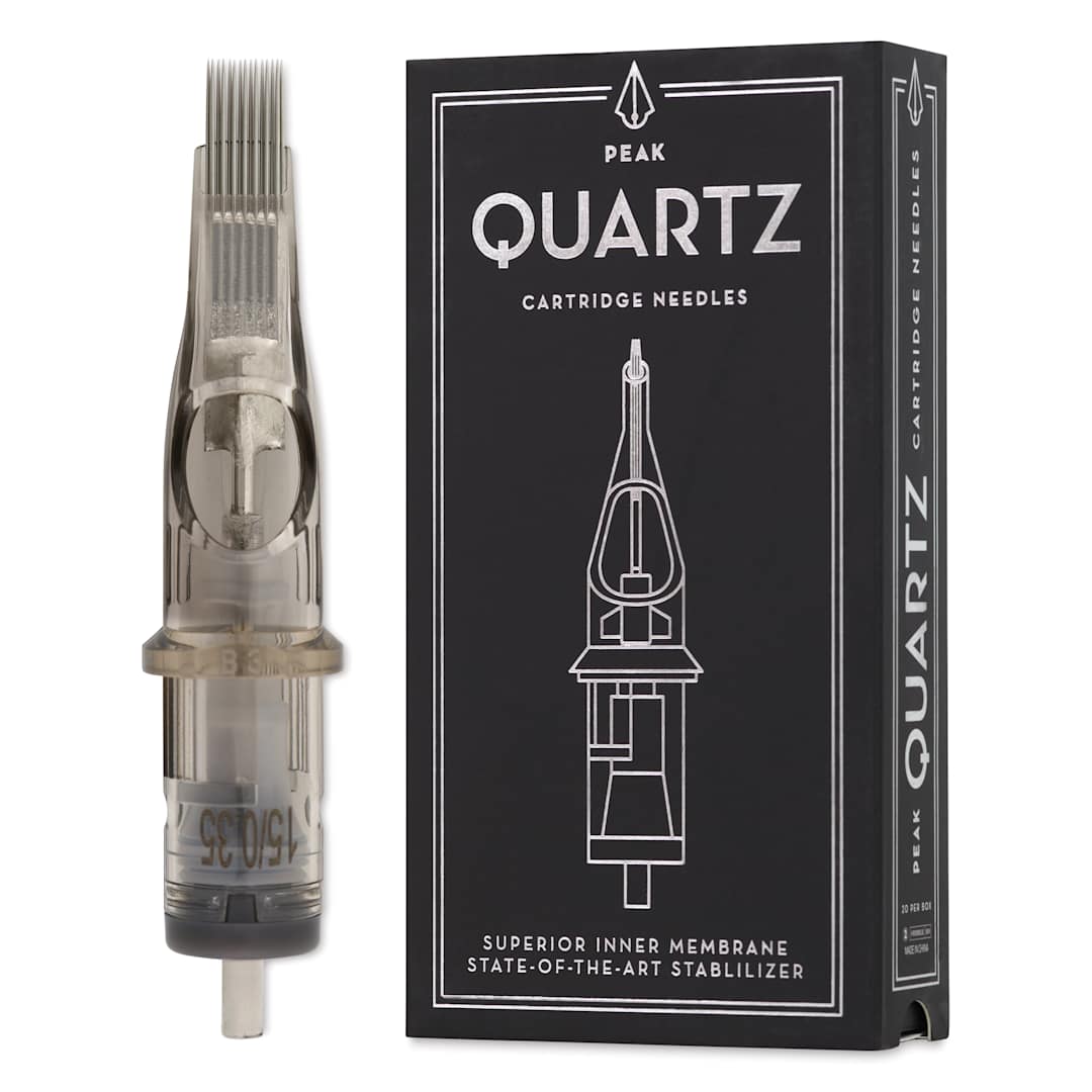 Open in modal - Peak Quartz Magnum Medium Taper Tattoo Needle Cartridges - #12, 15 Needles, Pkg of 20, needle and packaging