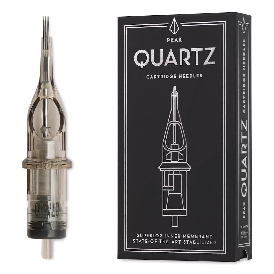 Open in modal - Peak Quartz Magnum Medium Taper Tattoo Needle Cartridges - #10, 7 Needles, Pkg of 20, needle and packaging
