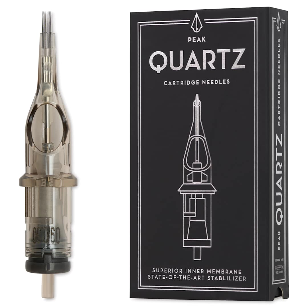 Open in modal - Peak Quartz Magnum Medium Taper Tattoo Needle Cartridges - #10, 9 Needles, Pkg of 20, needle and packaging