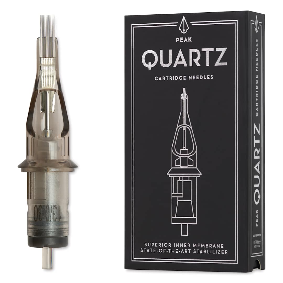 Open in modal - Peak Quartz Magnum Medium Taper Tattoo Needle Cartridges - #10, 13 Needles, Pkg of 20, needle and packaging
