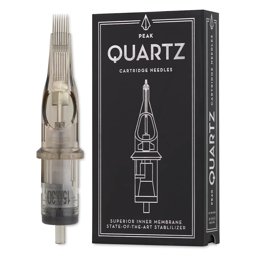 Open in modal - Peak Quartz Magnum Medium Taper Tattoo Needle Cartridges - #10, 15 Needles, Pkg of 20, needle and packaging