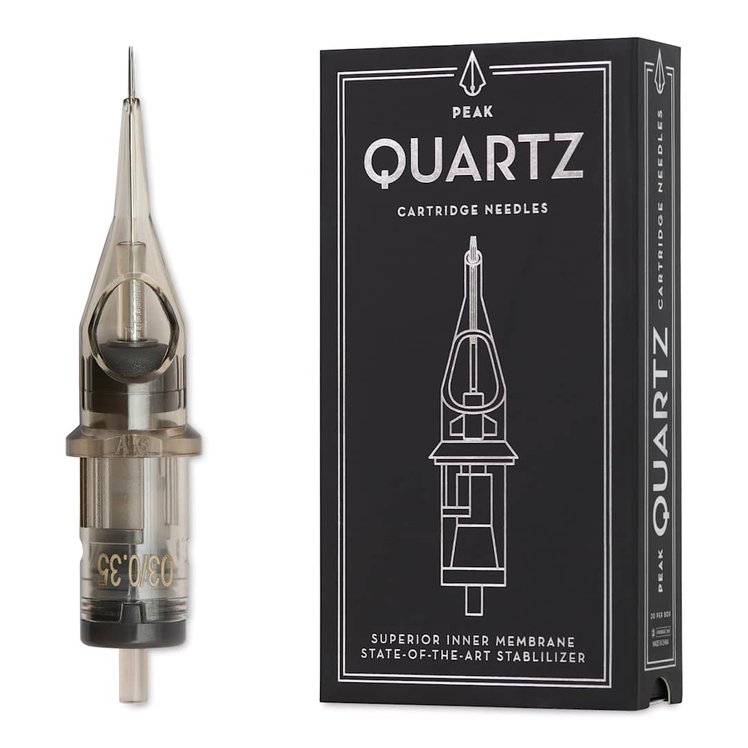 Open in modal - Peak Quartz Round Liner Medium Taper Tattoo Needle Cartridges - #12, 3 Needles, Pkg of 20, needle with packaging