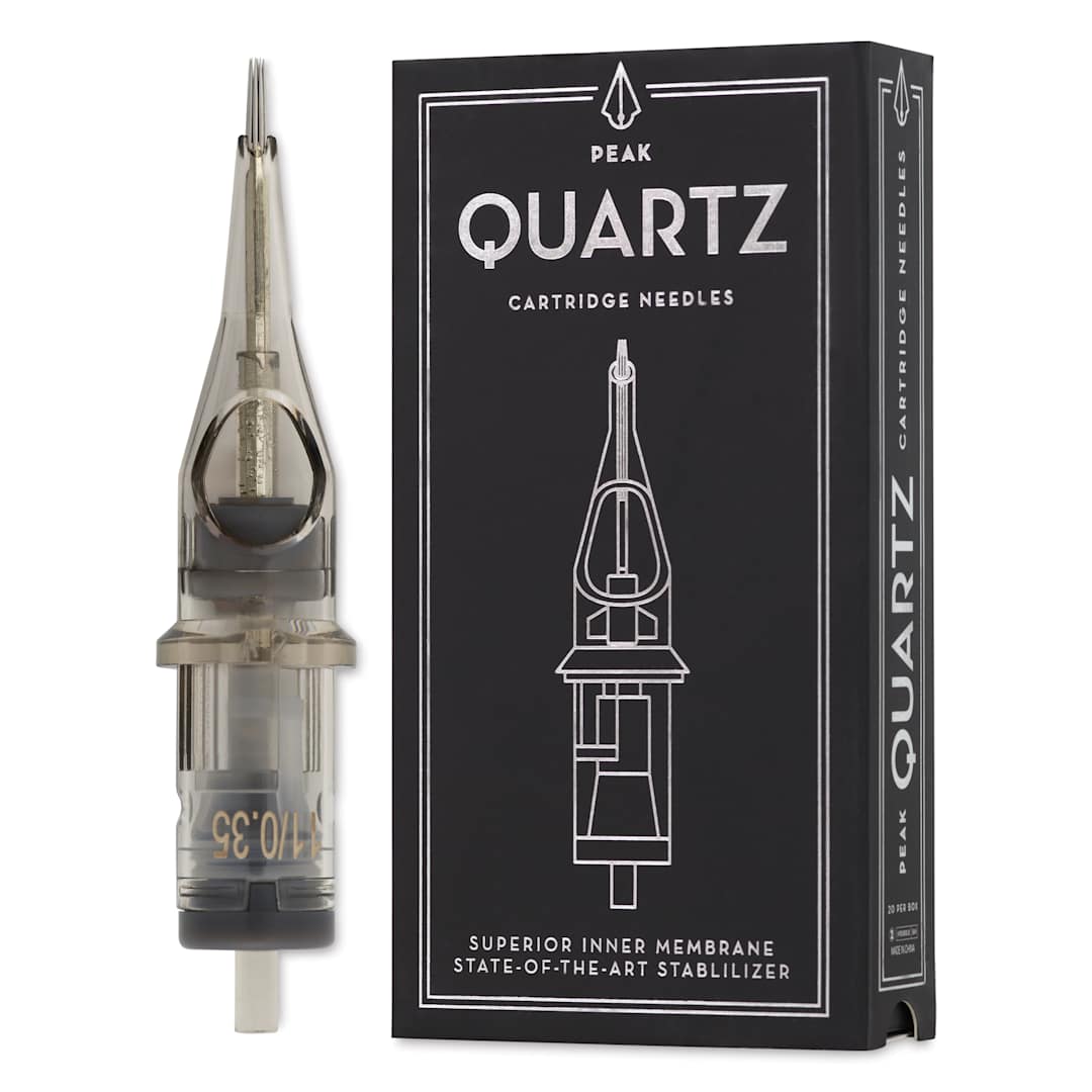 Open in modal - Peak Quartz Round Liner Medium Taper Tattoo Needle Cartridges - #12, 11 Needles, Pkg of 20, needle and packaging