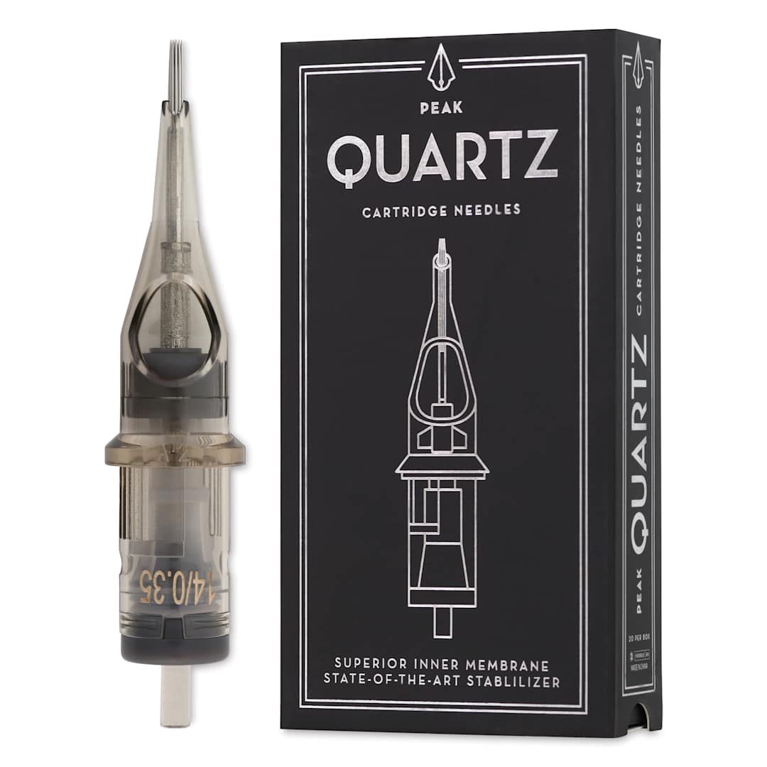 Open in modal - Peak Quartz Round Liner Medium Taper Tattoo Needle Cartridges - #12, 14 Needles, Pkg of 20, needle and packaging