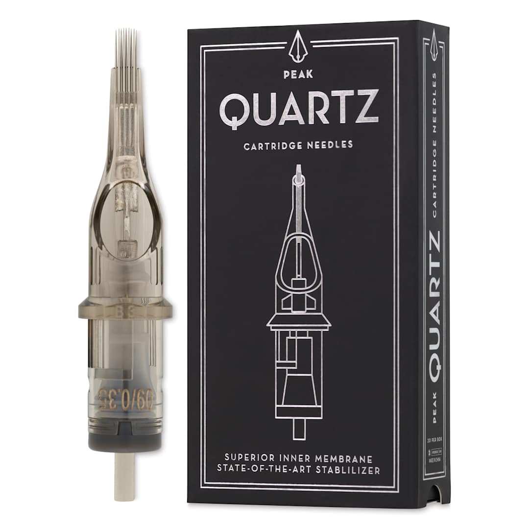 Open in modal - Peak Quartz Curved Magnum Long Taper Tattoo Needle Cartridges - #12, 9 Needles, Pkg of 20, needle and packaging