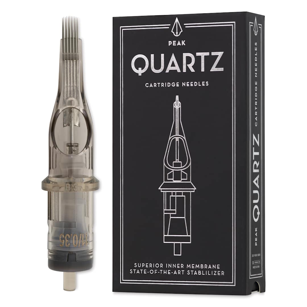 Open in modal - Peak Quartz Curved Magnum Long Taper Tattoo Needle Cartridges - #12, 11 Needles, Pkg of 20, needle and packaging