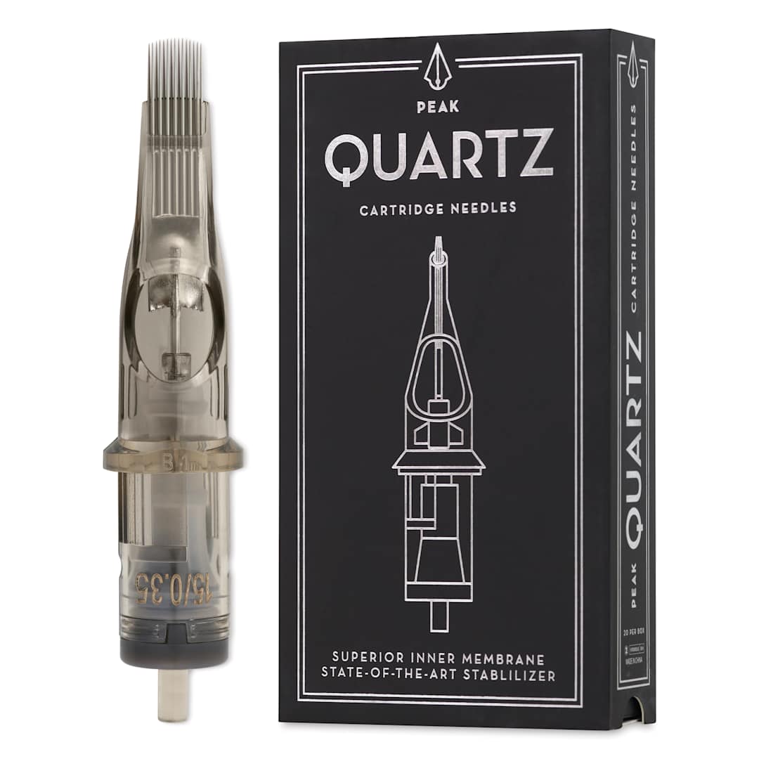 Open in modal - Peak Quartz Curved Magnum Long Taper Tattoo Needle Cartridges - #12, 15 Needles, Pkg of 20, needle and packaging