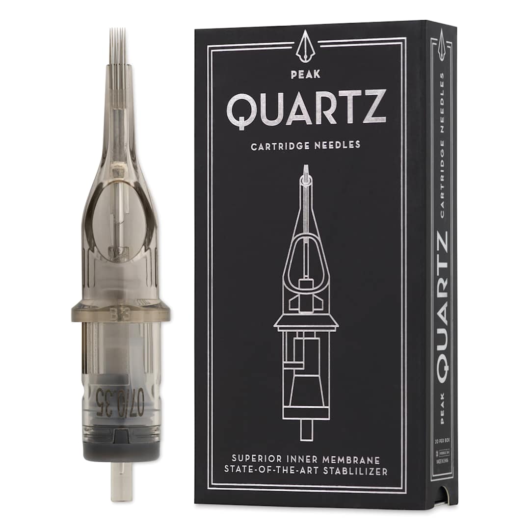 Open in modal - Peak Quartz Magnum Long Taper Tattoo Needle Cartridges - #12, 7 Needles, Pkg of 20, needle and packaging