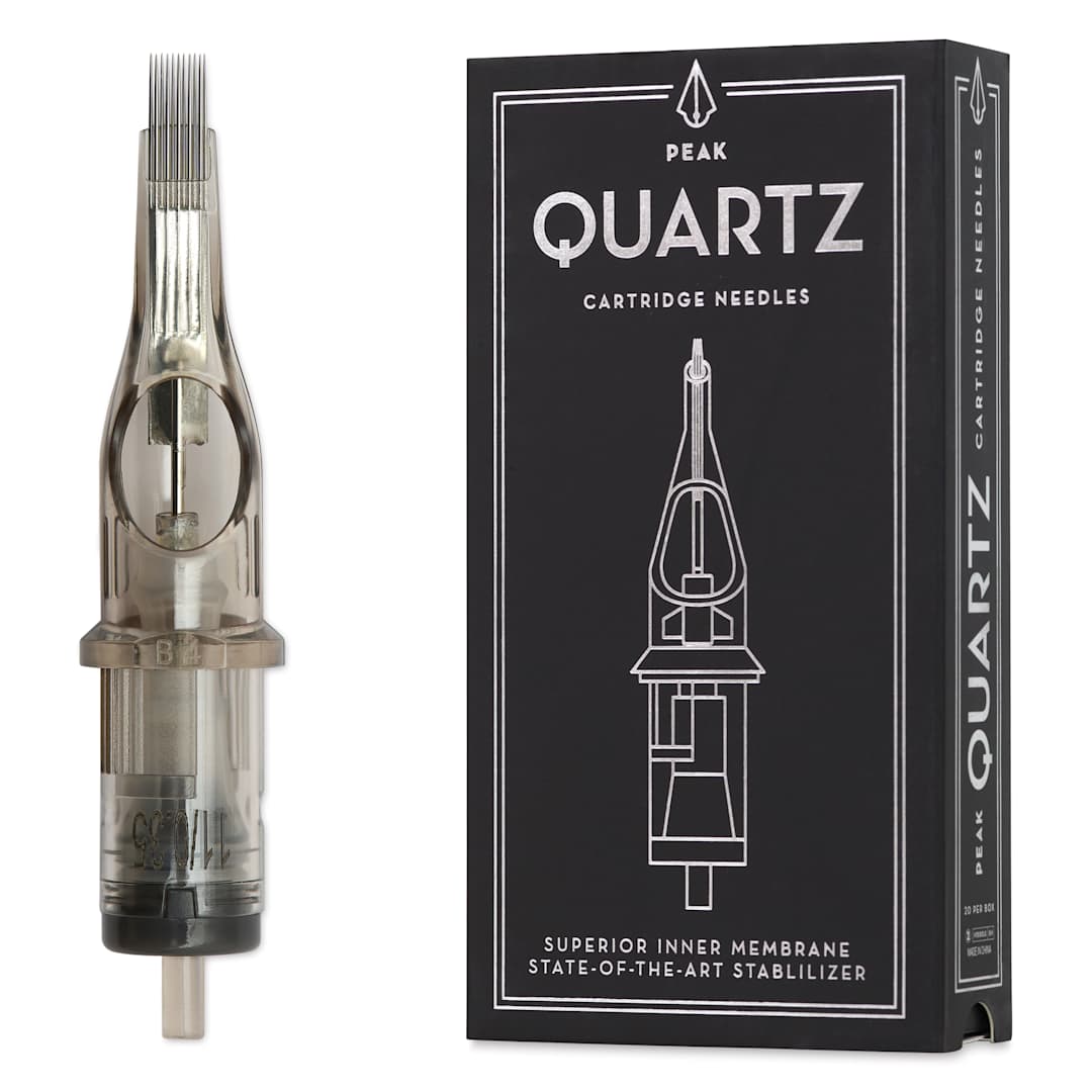 Open in modal - Peak Quartz Magnum Long Taper Tattoo Needle Cartridges - #12, 11 Needles, Pkg of 20, needle and packaging