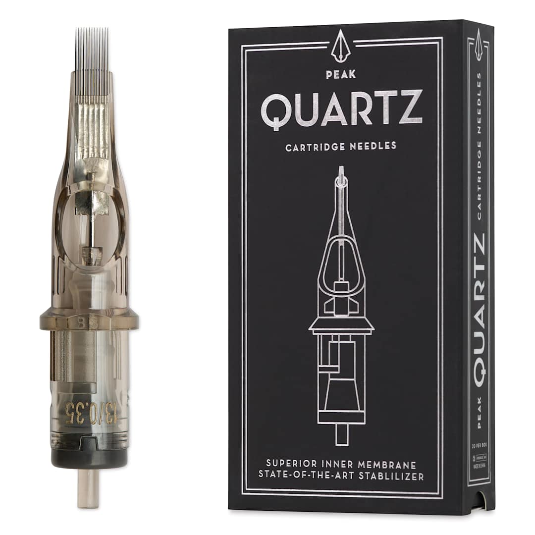 Open in modal - Peak Quartz Magnum Long Taper Tattoo Needle Cartridges - #12, 13 Needles, Pkg of 20, needle and packaging