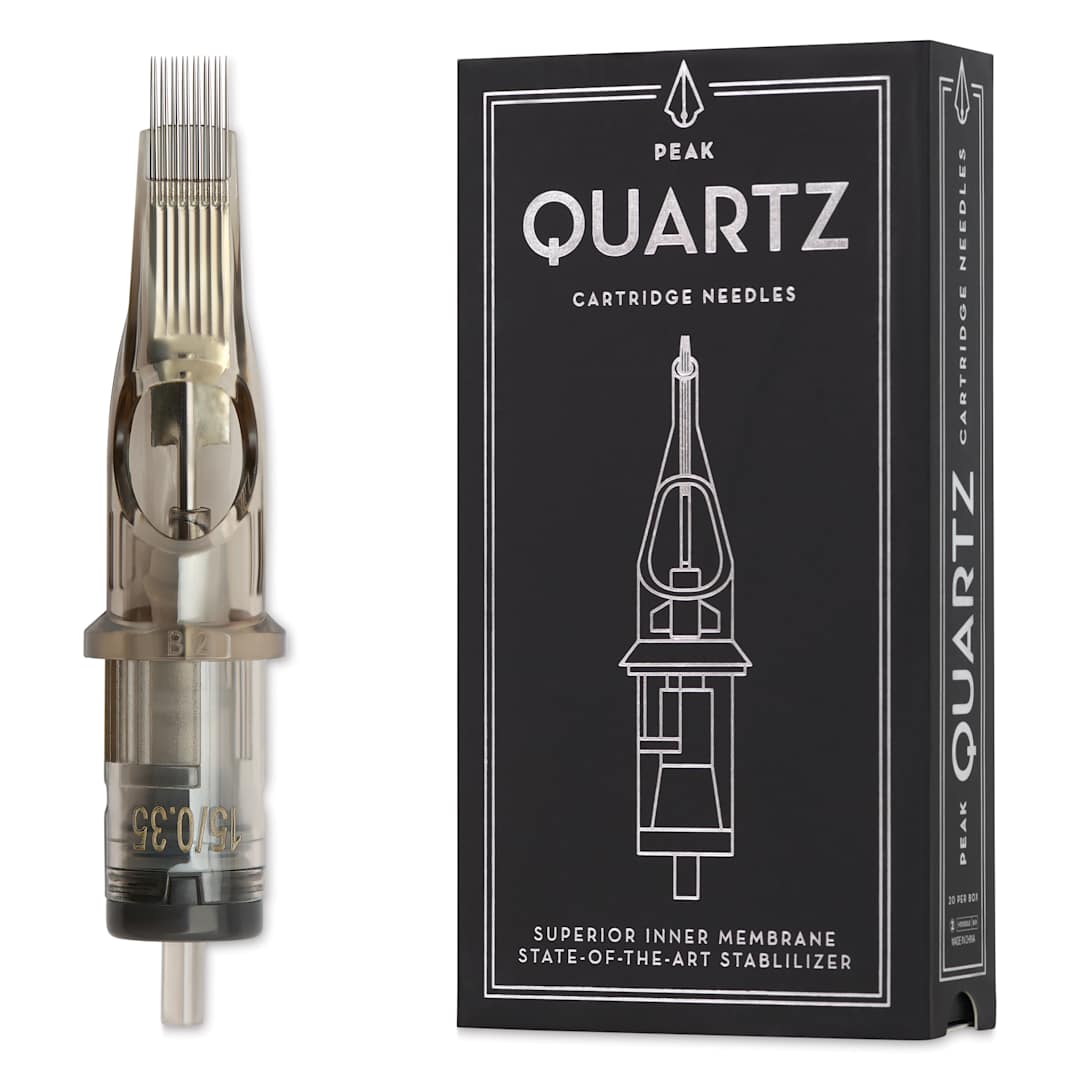 Open in modal - Peak Quartz Magnum Long Taper Tattoo Needle Cartridges - #12, 15 Needles, Pkg of 20, needle and packaging