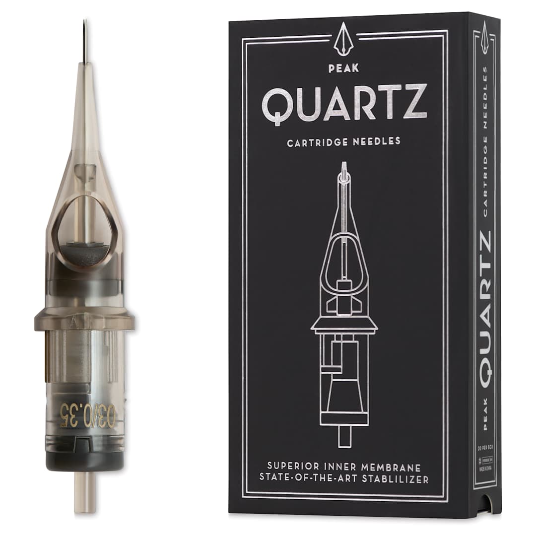 Open in modal - Peak Quartz Round Shader Short Taper Tattoo Needle Cartridges - #12, 3 Needles, Pkg of 20, needle and packaging