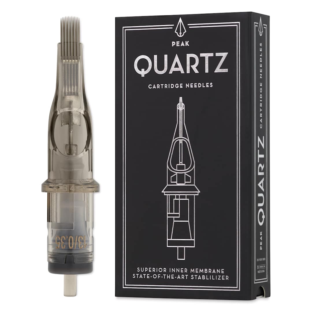 Open in modal - Peak Quartz Curved Magnum Medium Taper Tattoo Needle Cartridges - #12, 13 Needles, Pkg of 20, needle and packaging
