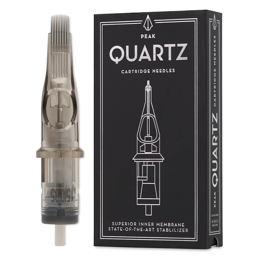 Open in modal - Peak Quartz Curved Magnum Medium Taper Tattoo Needle Cartridges - #12, 15 Needles, Pkg of 20, needle and packaging