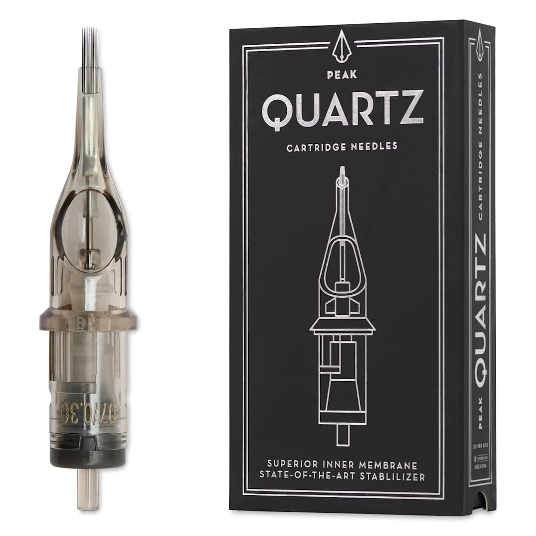 Open in modal - Peak Quartz Curved Magnum Medium Taper Tattoo Needle Cartridges - #10, 7 Needles, Pkg of 20, needle and packaging