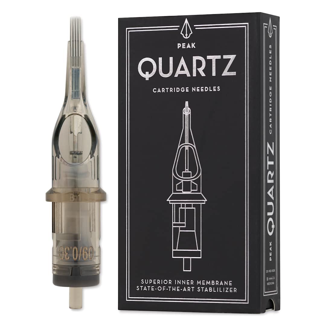 Open in modal - Peak Quartz Curved Magnum Medium Taper Tattoo Needle Cartridges - #10, 9 Needles, Pkg of 20, needle and packaging
