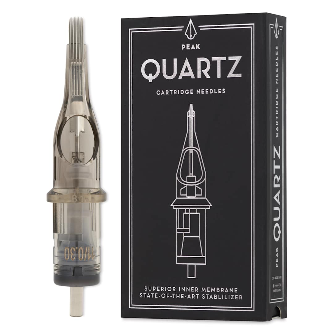 Open in modal - Peak Quartz Curved Magnum Medium Taper Tattoo Needle Cartridges - #10, 11 Needles, Pkg of 20, needle and packaging