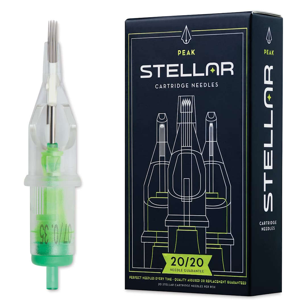 Open in modal - Peak Stellar Curved Magnum Long Taper Tattoo Needle Cartridges - #12, 7 Needles, Pkg of 20, needle and packaging