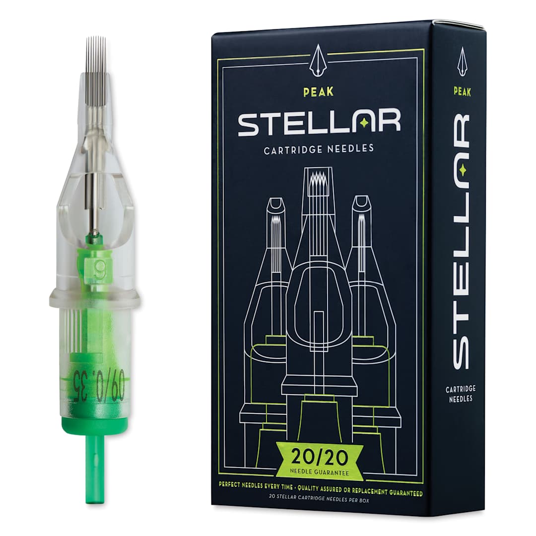 Open in modal - Peak Stellar Curved Magnum Long Taper Tattoo Needle Cartridges - #12, 9 Needles, Pkg of 20, needle and packaging