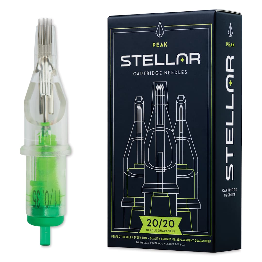 Open in modal - Peak Stellar Curved Magnum Long Taper Tattoo Needle Cartridges - #12, 11 Needles, Pkg of 20, needle and packaging