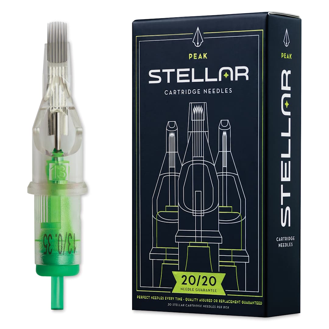 Open in modal - Peak Stellar Curved Magnum Long Taper Tattoo Needle Cartridges - #12, 13 Needles, Pkg of 20, needle and packaging