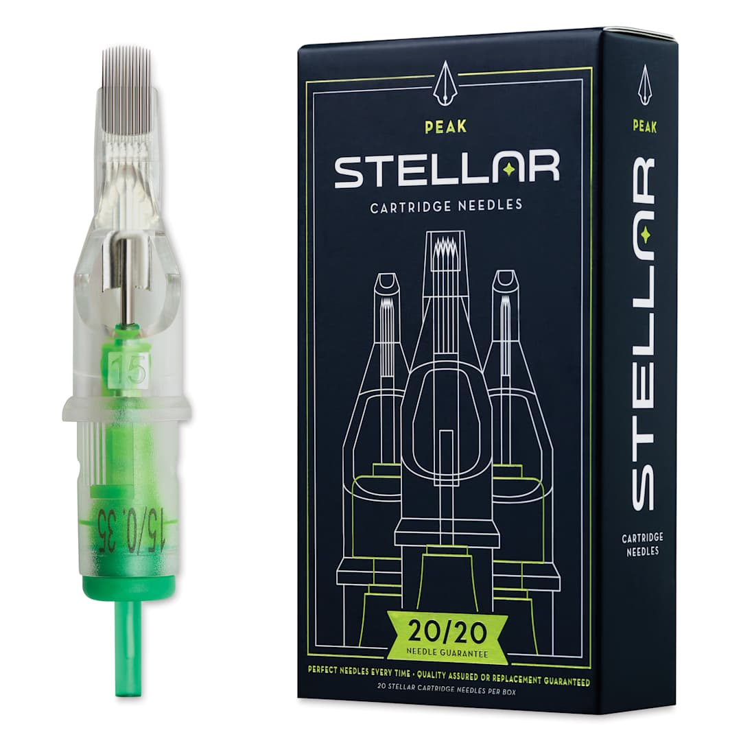 Open in modal - Peak Stellar Curved Magnum Long Taper Tattoo Needle Cartridges - #12, 15 Needles, Pkg of 20, needle and packaging