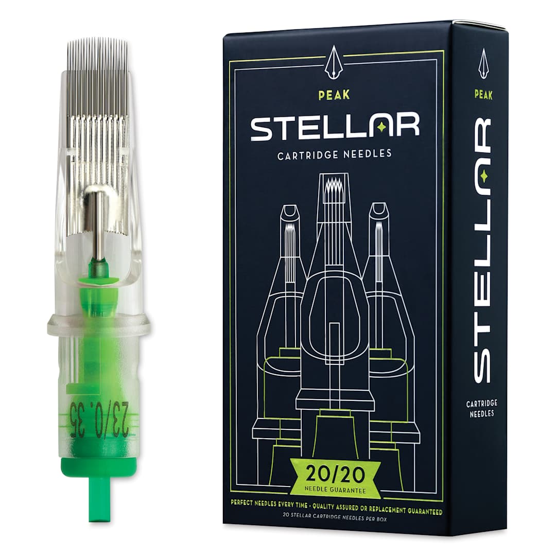 Open in modal - Peak Stellar Curved Magnum Long Taper Tattoo Needle Cartridges - #12, 23 Needles, Pkg of 20, needle and packaging