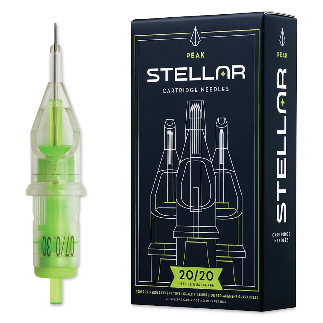 Open in modal - Peak Stellar Round Liner Long Taper Tattoo Needle Cartridges - #10, 7 Needles, Pkg of 20, needle and packaging