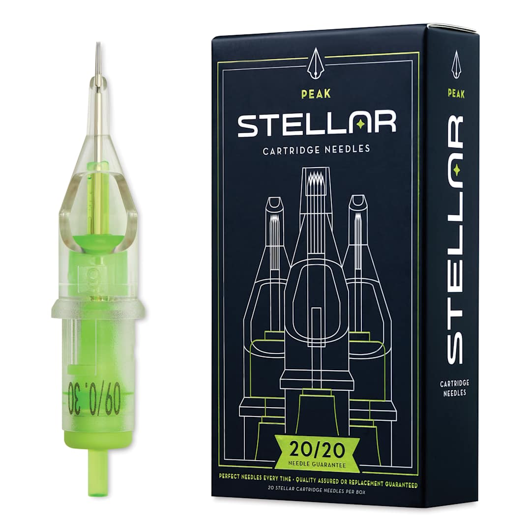 Open in modal - Peak Stellar Tattoo Needle Cartridges - #10 Bugpin (0.30 mm), 9 Round Liner, Long Taper (5 mm), Pkg of 20, needle and packaging