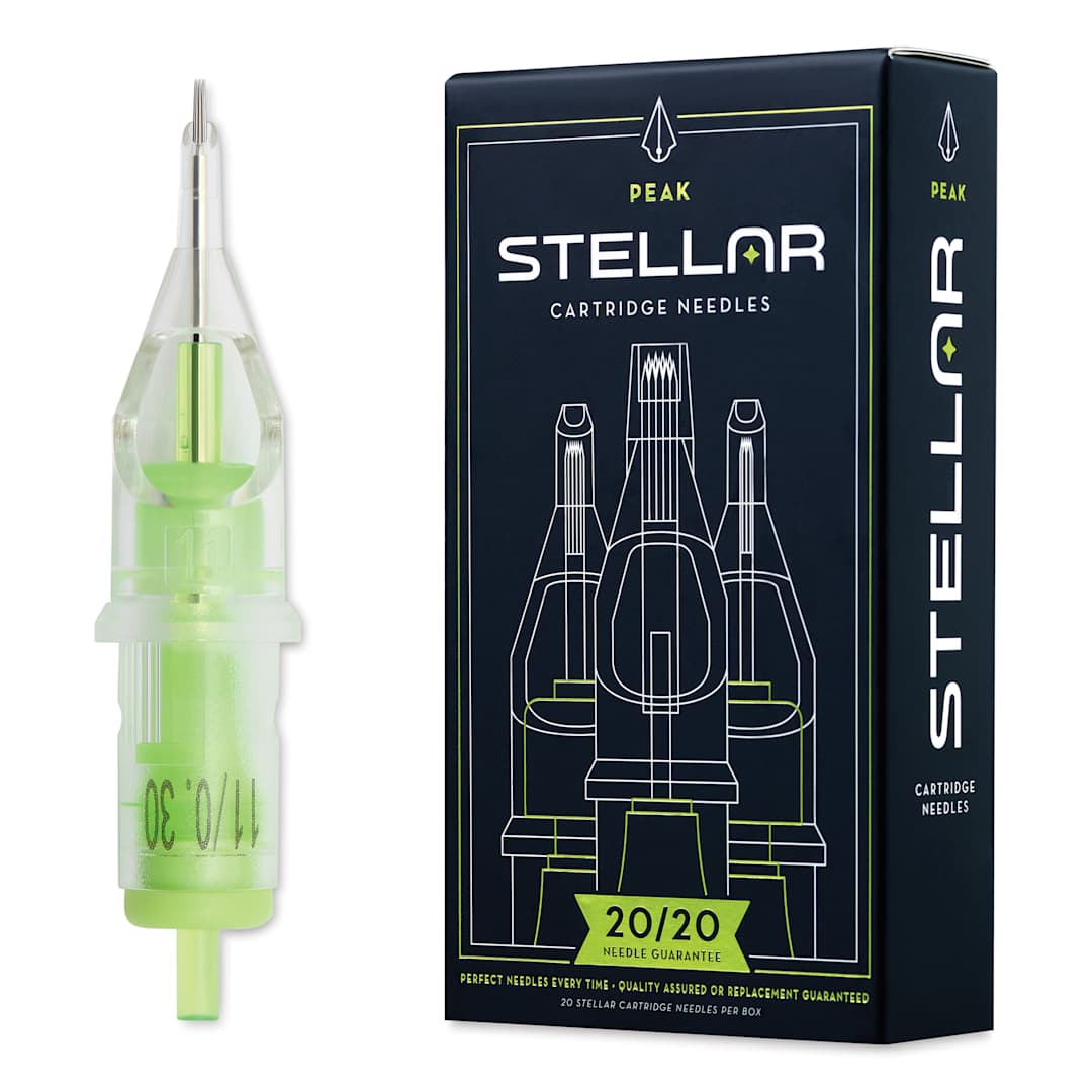 Open in modal - Peak Stellar Round Liner Long Taper Tattoo Needle Cartridges - #10, 11 Needles, Pkg of 20, needle and packaging