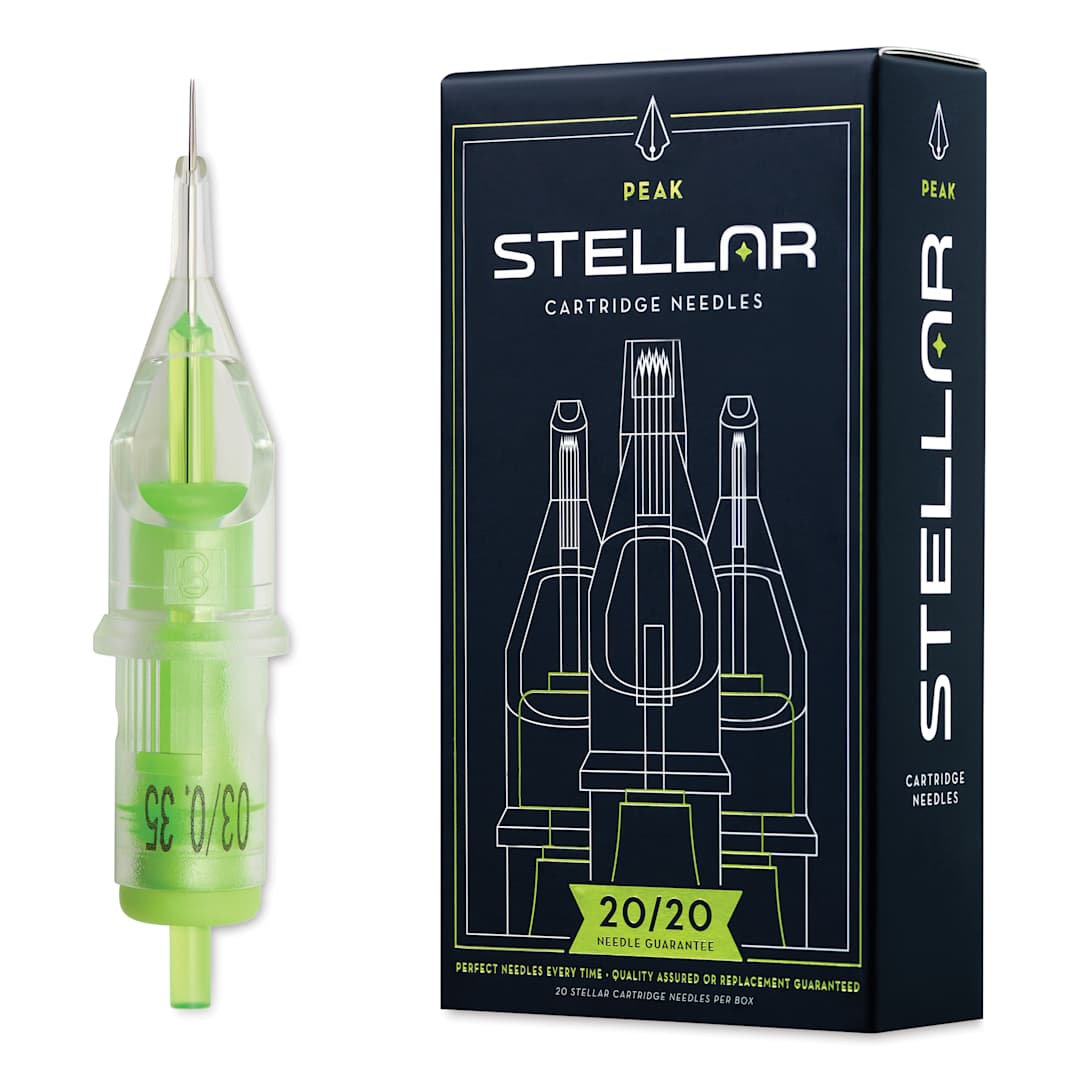 Open in modal - Peak Stellar Round Liner Long Taper Tattoo Needle Cartridges - #12, 3 Needles, Pkg of 20, needle and packaging