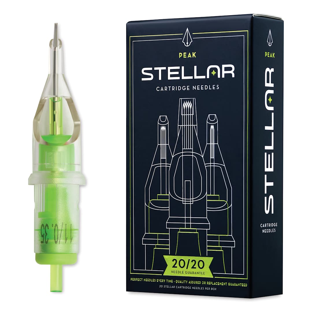 Open in modal - Peak Stellar Round Liner Long Taper Tattoo Needle Cartridges - #12, 11 Needles, Pkg of 20, needle and packaging