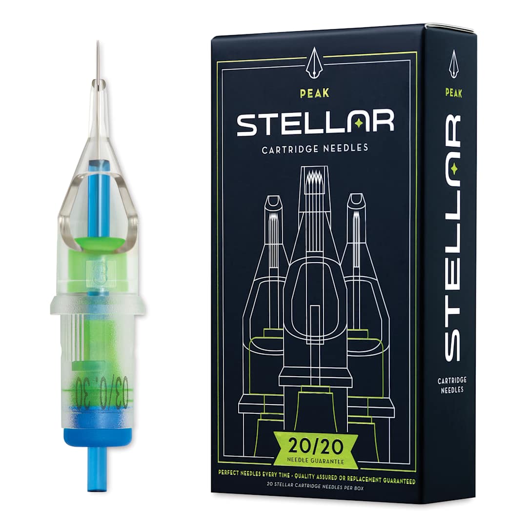 Open in modal - Peak Stellar Round Shader Extra Long Taper Tattoo Needle Cartridges - #10, 3 Needles, Pkg of 20, needle and packaging