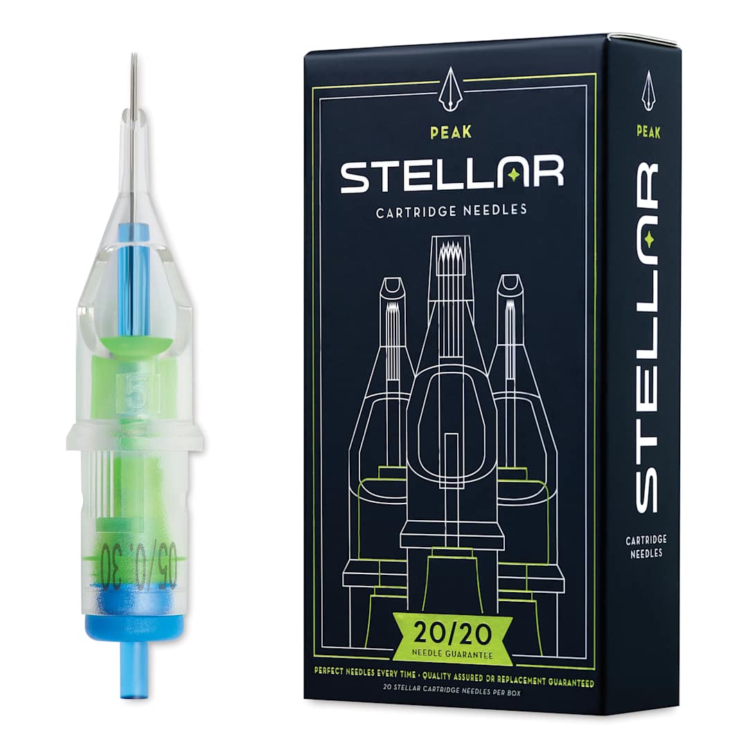 Open in modal - Peak Stellar Round Shader Extra Long Taper Tattoo Needle Cartridges - #10, 5 Needles, Pkg of 20, needle and packaging
