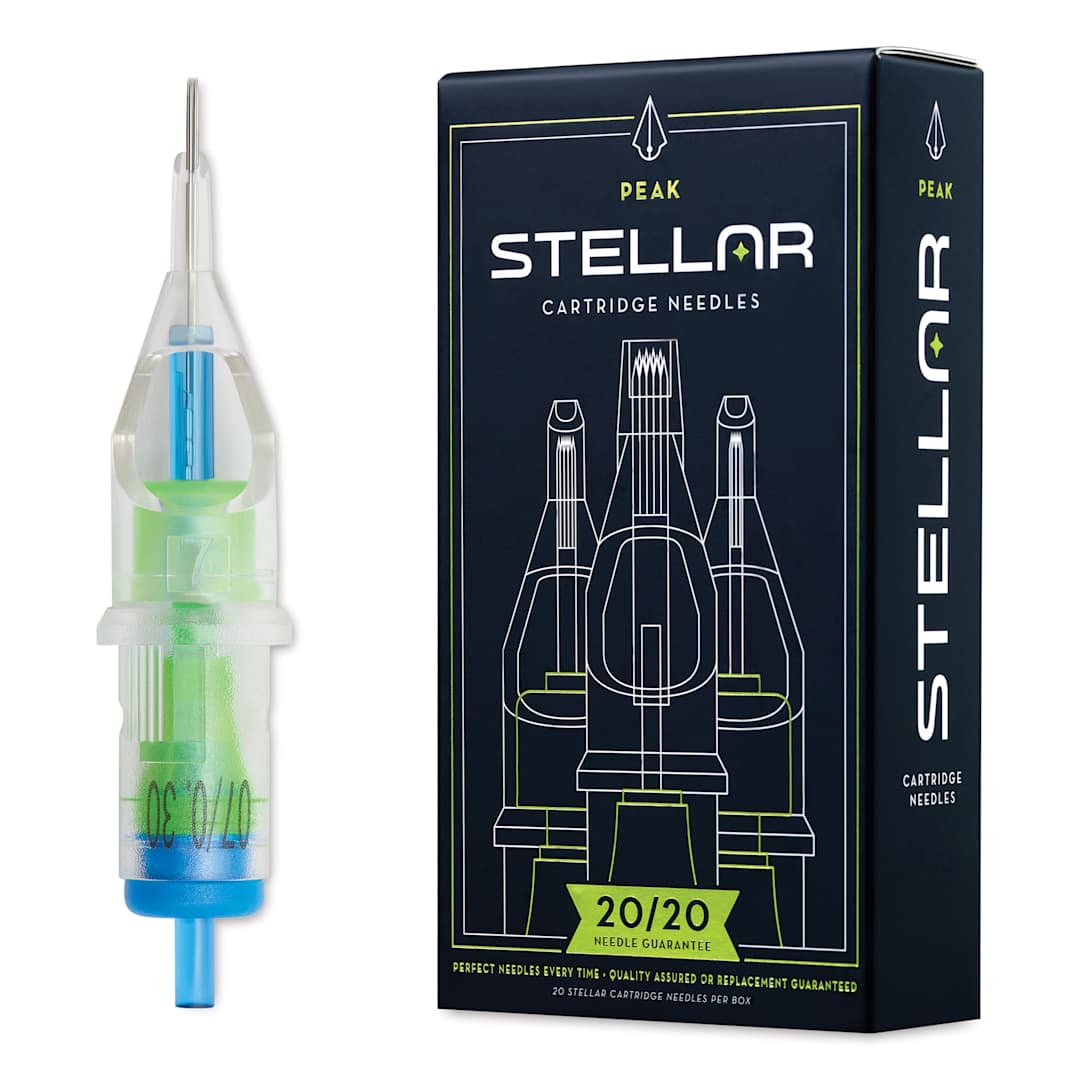 Open in modal - Peak Stellar Round Shader Extra Long Taper Tattoo Needle Cartridges - #10, 7 Needles, Pkg of 20, needle and packaging
