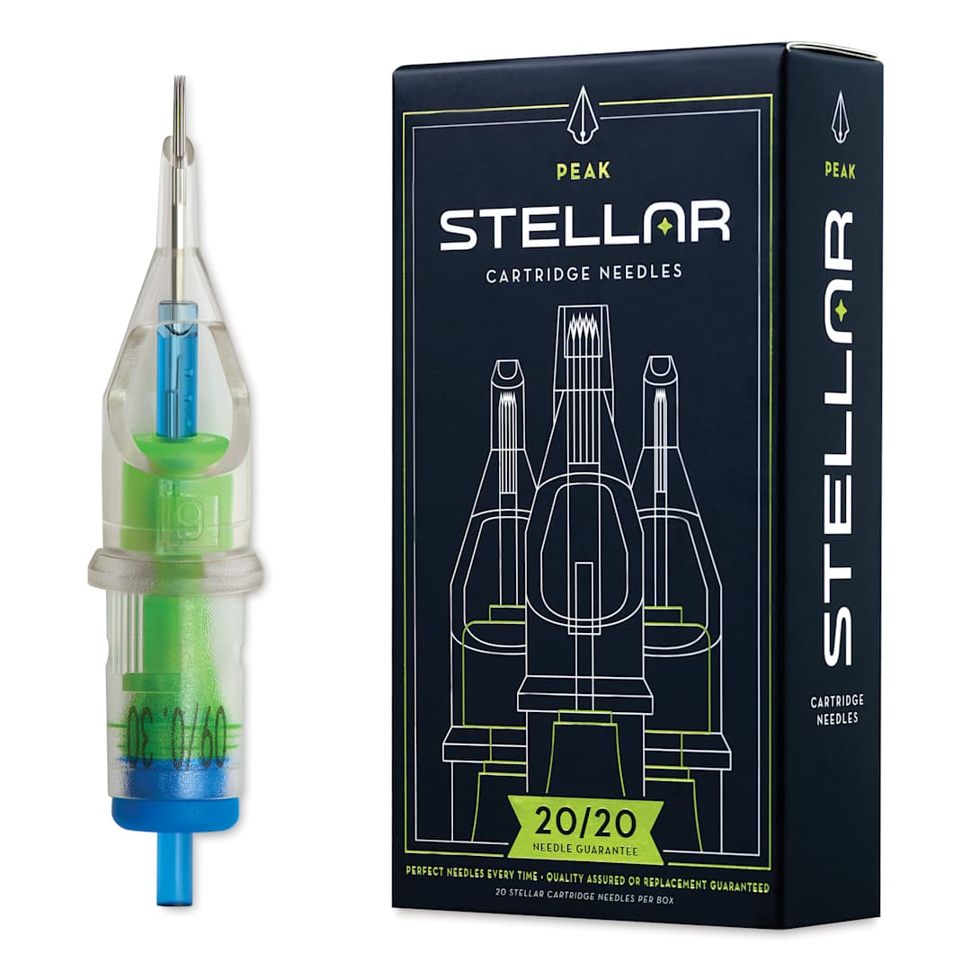 Open in modal - Peak Stellar Round Shader Extra Long Taper Tattoo Needle Cartridges - #10, 9 Needles, Pkg of 20, needle and packaging
