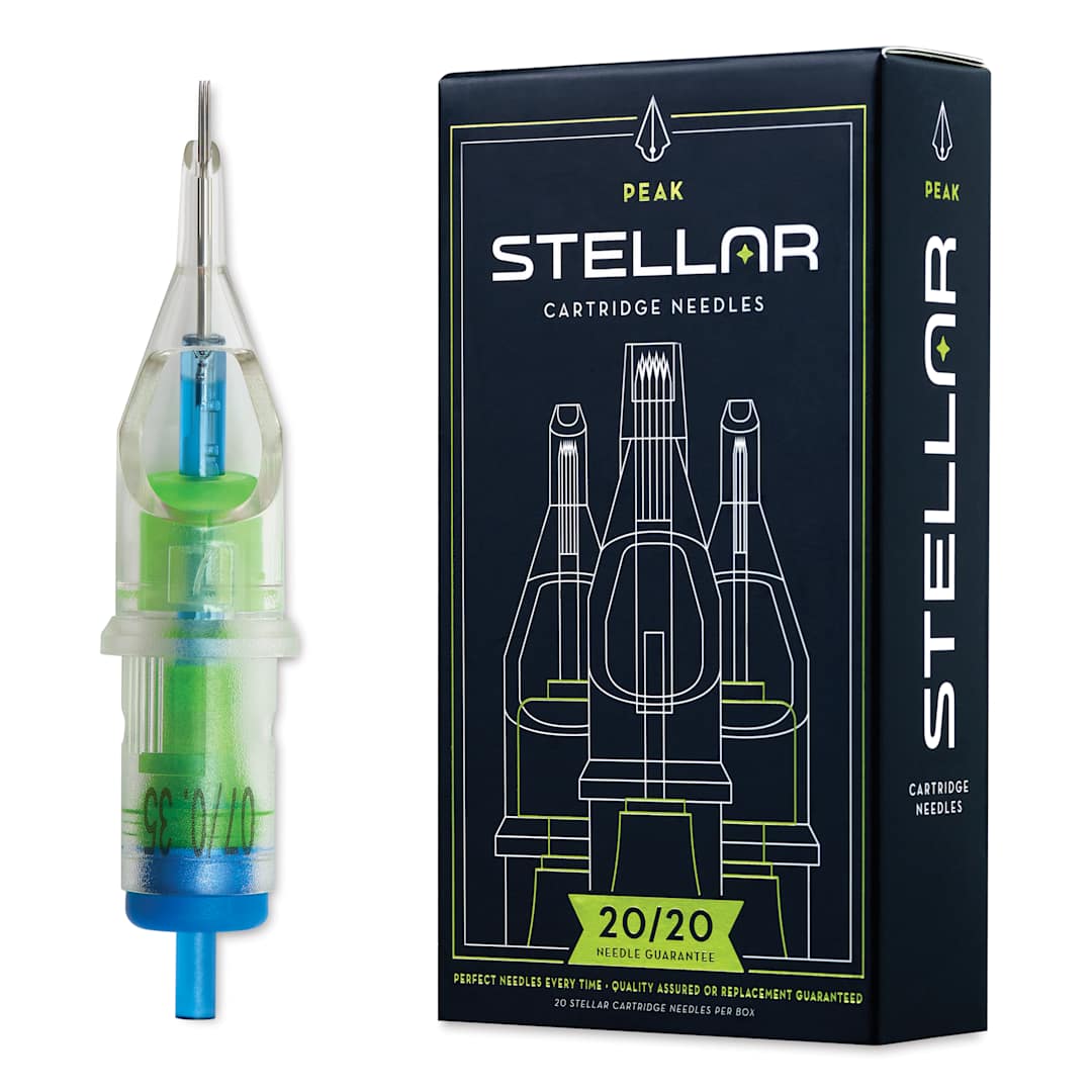 Open in modal - Peak Stellar Round Shader Extra Long Taper Tattoo Needle Cartridges - #12, 7 Needles, Pkg of 20, needle and packaging