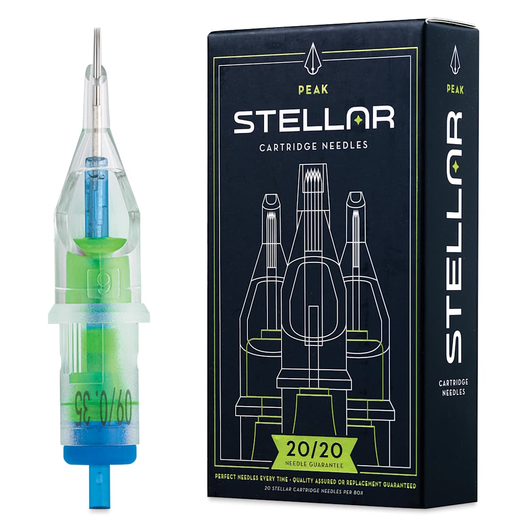Open in modal - Peak Stellar Round Shader Extra Long Taper Tattoo Needle Cartridges - #12, 9 Needles, Pkg of 20, needle and packaging