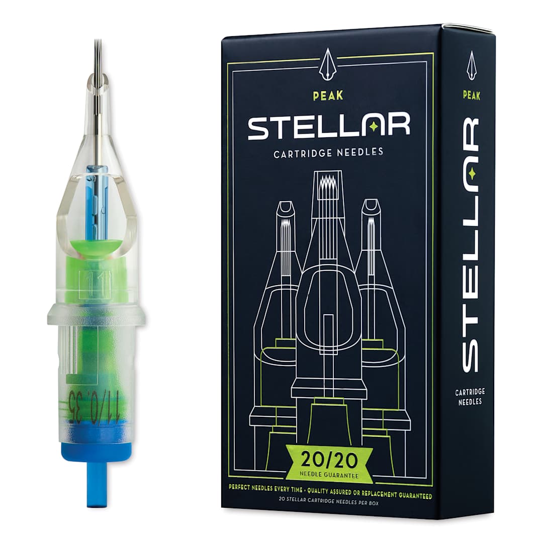 Open in modal - Peak Stellar Round Shader Extra Long Taper Tattoo Needle Cartridges - #12, 11 Needles, Pkg of 20, needle and packaging