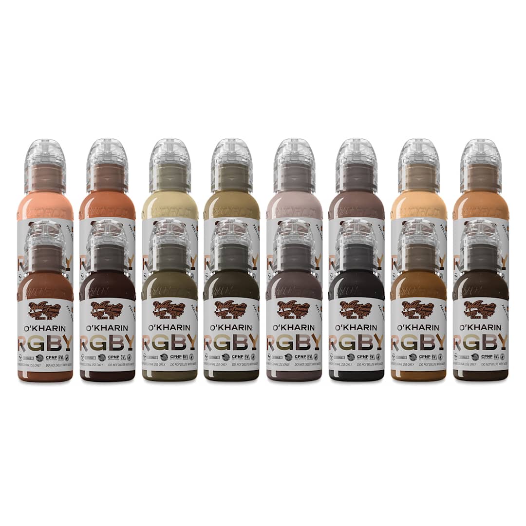 Open in modal - World Famous Tattoo Inks and Sets - Set of 16, Sasha O'Kharin RGBY Skintone, 1 oz bottles, out of packaging