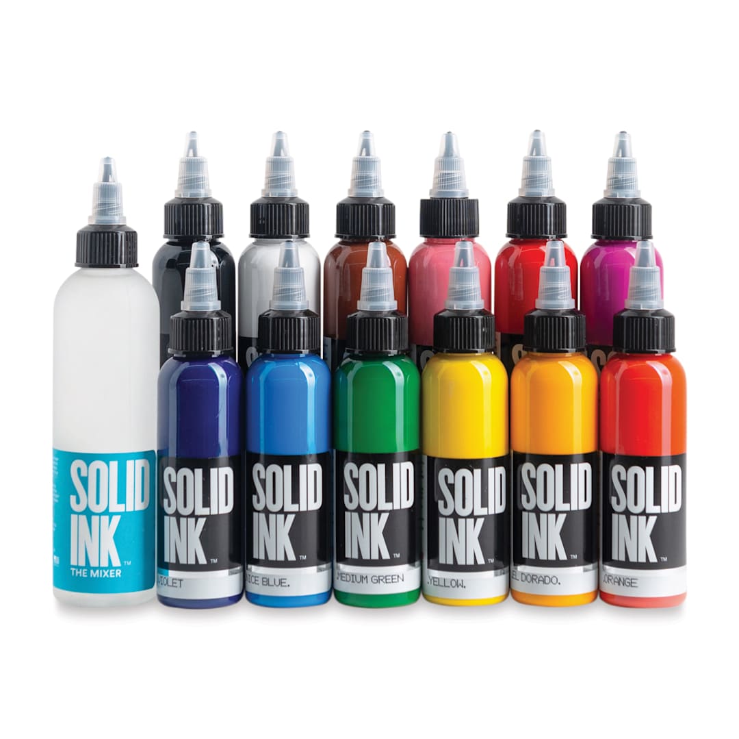 Open in modal - Solid Ink Tattoo Inks and Set - Set of 13, Assorted, 1 oz bottles, out of packaging