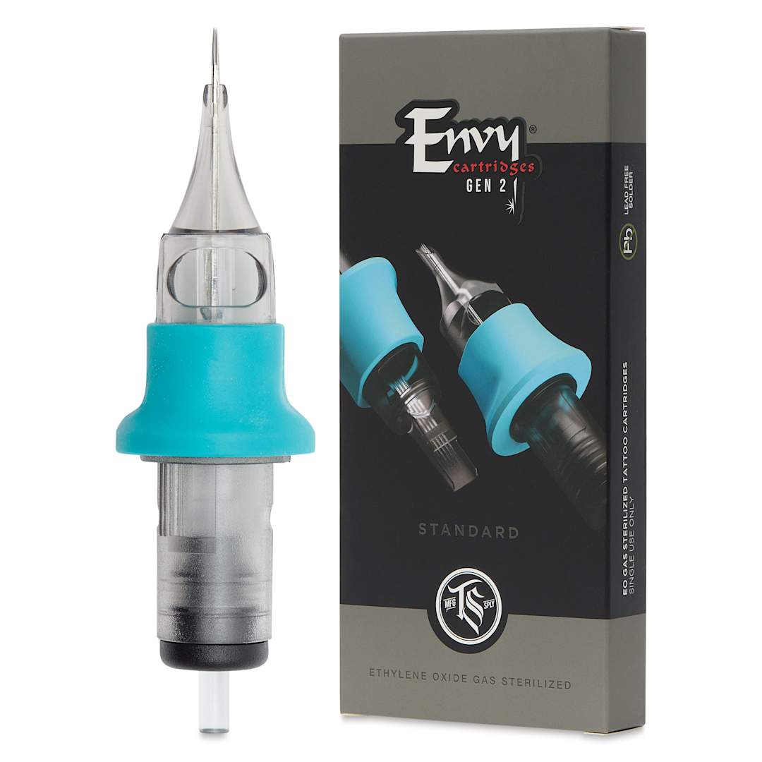 Open in modal - TatSoul Envy Gen 2 Standard Round Liner Extra Tight Long Taper Tattoo Needle Cartridge - #12, 5 Needles, Pkg of 10, needle and packaging