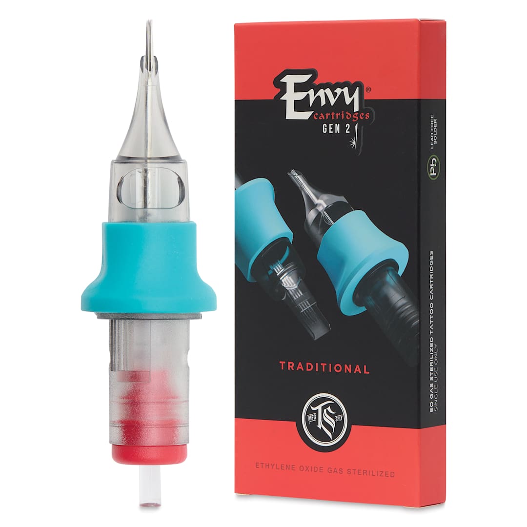 Open in modal - TatSoul Envy Gen 2 Traditional Round Liner Long Taper Tattoo Needle Cartridges - #12, 7 Needles, Pkg of 10, needle and packaging